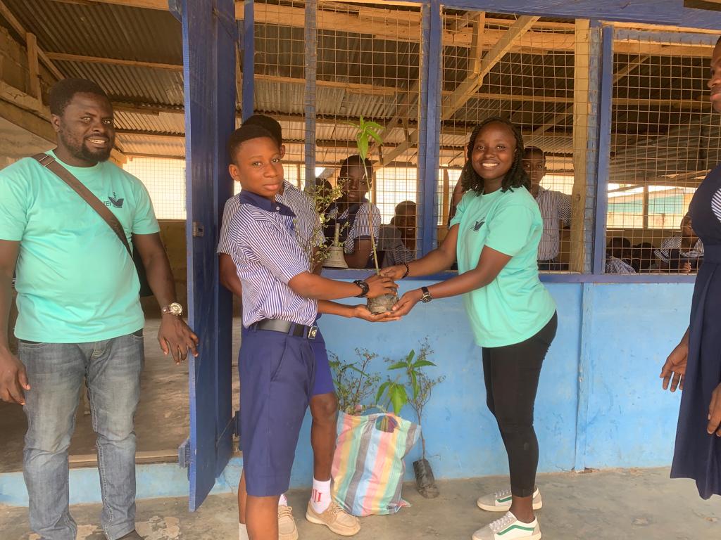 A facilitator in a teal T-shirt handing a tree seedling to a pupil on a school veranda, image 8 of 12