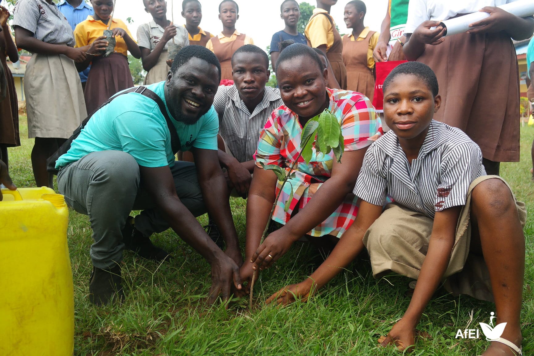 Four people kneeling on grass around a young tree seedling they are planting, with a group of pupils in school uniform standing behind them.